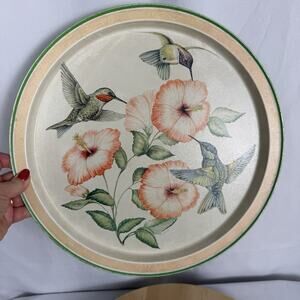 Vintage Hummingbird Round Floral Tray 1993 Potpourri Designs Flowers 13 1/2"